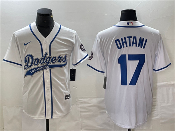 Los Angeles Dodgers #17 Shohei Ohtani White Cool Base With Patch Stitched Jersey - Click Image to Close